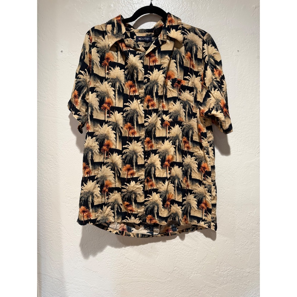 Puritan Mens Tropical Palm Tree Rayon Short Sleeve Button Down Shirt Tan Black L